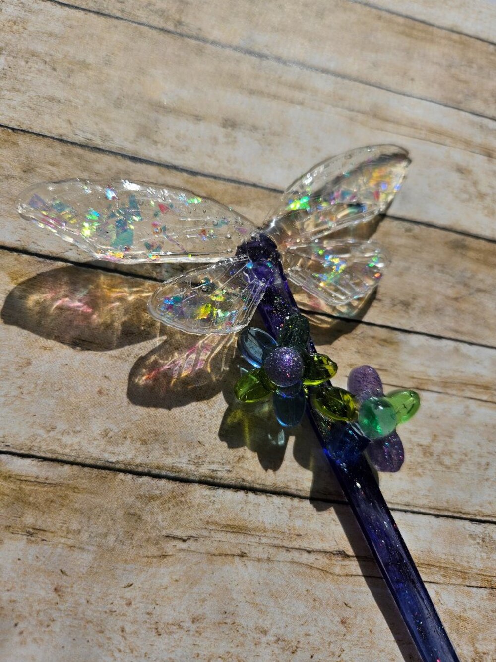 Handmade Resin Hair Stick Dragonfly Wings Flowers Violet Blue Glitter